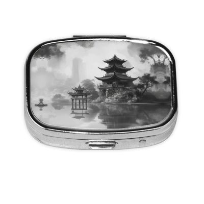 Square Round Pill Case Temple Near Water Pill Box Daily 2 Compartment Travel Pill Container for Pocket Purse Portable Medicine Cod Liver Oil Storage Box 2 Times a Day Pill Organizer