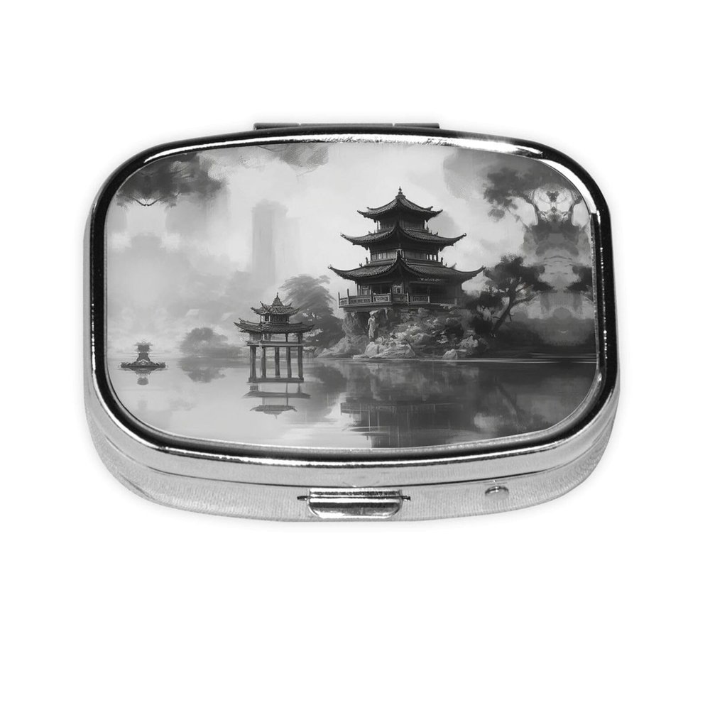 Square Round Pill Case Temple Near Water Pill Box Daily 2 Compartment Travel Pill Container for Pocket Purse Portable Medicine Cod Liver Oil Storage Box 2 Times a Day Pill Organizer