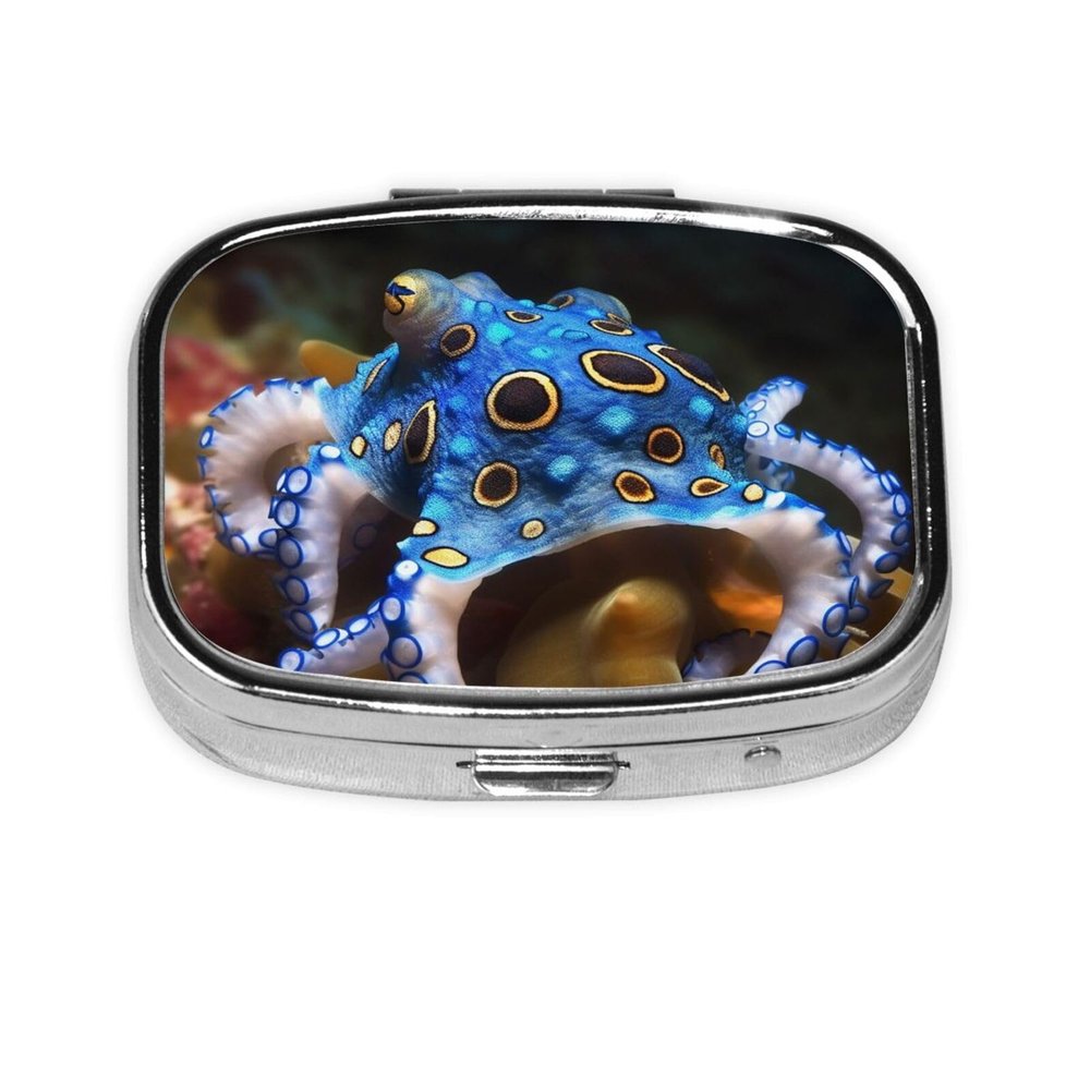 Square Round Pill Case Blue Ring Octopus Pill Box Daily 2 Compartment Travel Pill Container for Pocket Purse Portable Medicine Cod Liver Oil Storage Box 2 Times a Day Pill Organizer
