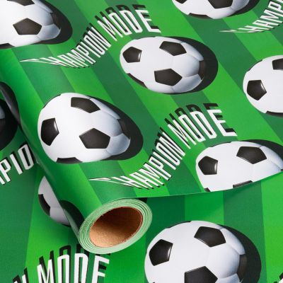 Merture Green Striped Soccer Wrapping Paper Roll - 17 In X 16.4 Ft(23.3 sqft) - Boys Wrapping Paper for Birthday, GameDay Party with Soccer Ball, Champion Mode Sport Style