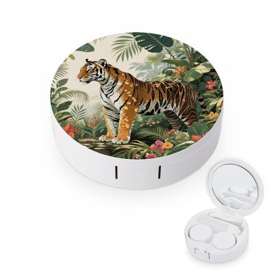 VstaDank Tiger Botanical Print Contact Lens Case with Cleaner Washer Cute Contact Lens Soak Storage Holder Container with Mirror Mini Portable Contact Lens Box Set for Travel Outdoor Use