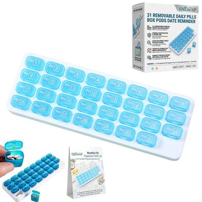 Monthly Pill Organizer with Lid 31 Removable Daily Pills Box Pods Date Reminder One Month 1 Time a Day Travel Portable Large Medicine Case Easy-Open for Vitamins Medications Supplement Fish Oil(#3)