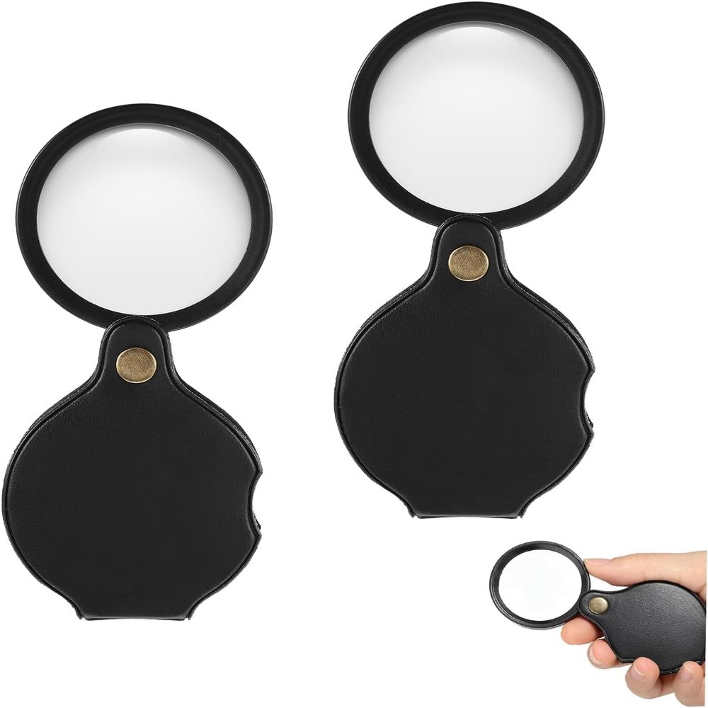 10x Pocket Magnifying Glass, 2 Pcs Mini Folding Loupe with Case, Portable Handheld Magnifier for Reading, Inspection, Hobbies, Newspapers & Books - Black