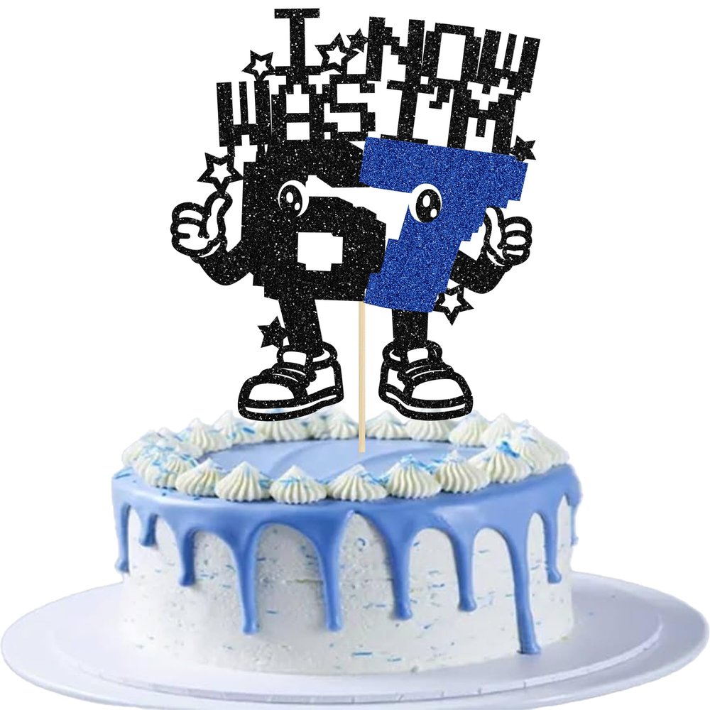 Ephlyn 1Pc I WAS 6 NOW I'M 7 Cake Topper Glitter Block 6 7 Birthday Decorations Cake Decor for Boy Girl 7 Years Old 67 Happy Birthday Party Supllies Dark Blue