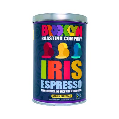 Brooklyn Roasting Company Iris Espresso Whole Bean Coffee - 12 oz Tin (1 Pack) - Medium Dark Roast Coffee - Peruvian, Brazilian, Ethiopian Blend - Roasted Daily in Brooklyn