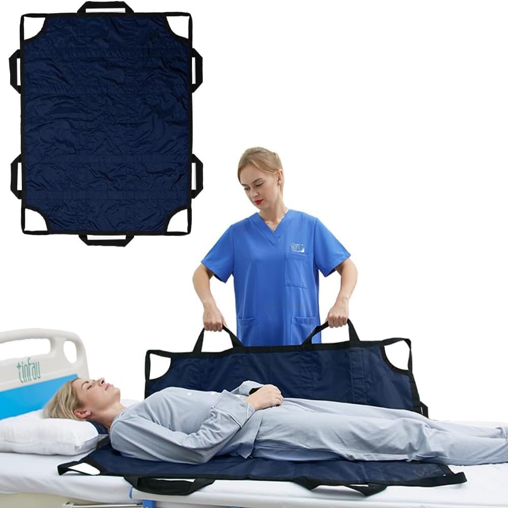 TINFAU 50" x 40" Positioning Bed Pad with Handles Washable Draw Sheets for Hospital Bed Ridden Patient Clothes Waterproof Glide Sheets for Patients Moving Pad for Lifting &Transfer Sheet Nylon, Blue