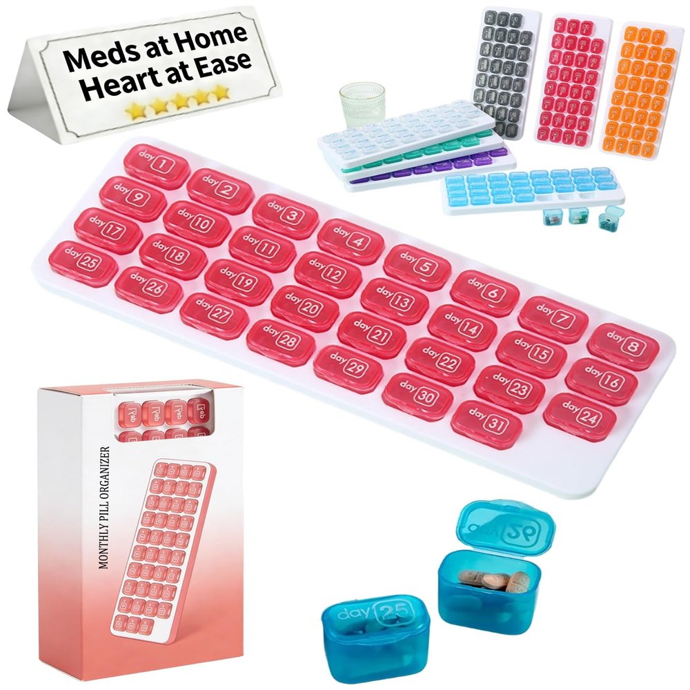 Monthly Pill Organizer with Lid Arthritis-Friendly Easy-Open Lids 31 Removable Daily Pill Pods Date Reminder Travel Case for Vitamins Medications 1 Time a Day Dispenser Sorter Box Individual(A05)
