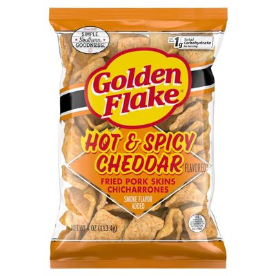 Golden Flake Hot & Spicy Cheddar Flavored Fried Pork Skins Chicharrones, 4 oz, 6 Pack