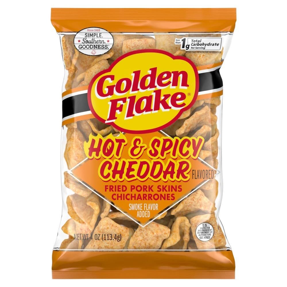 Golden Flake Hot & Spicy Cheddar Flavored Fried Pork Skins Chicharrones, 4 oz, 6 Pack