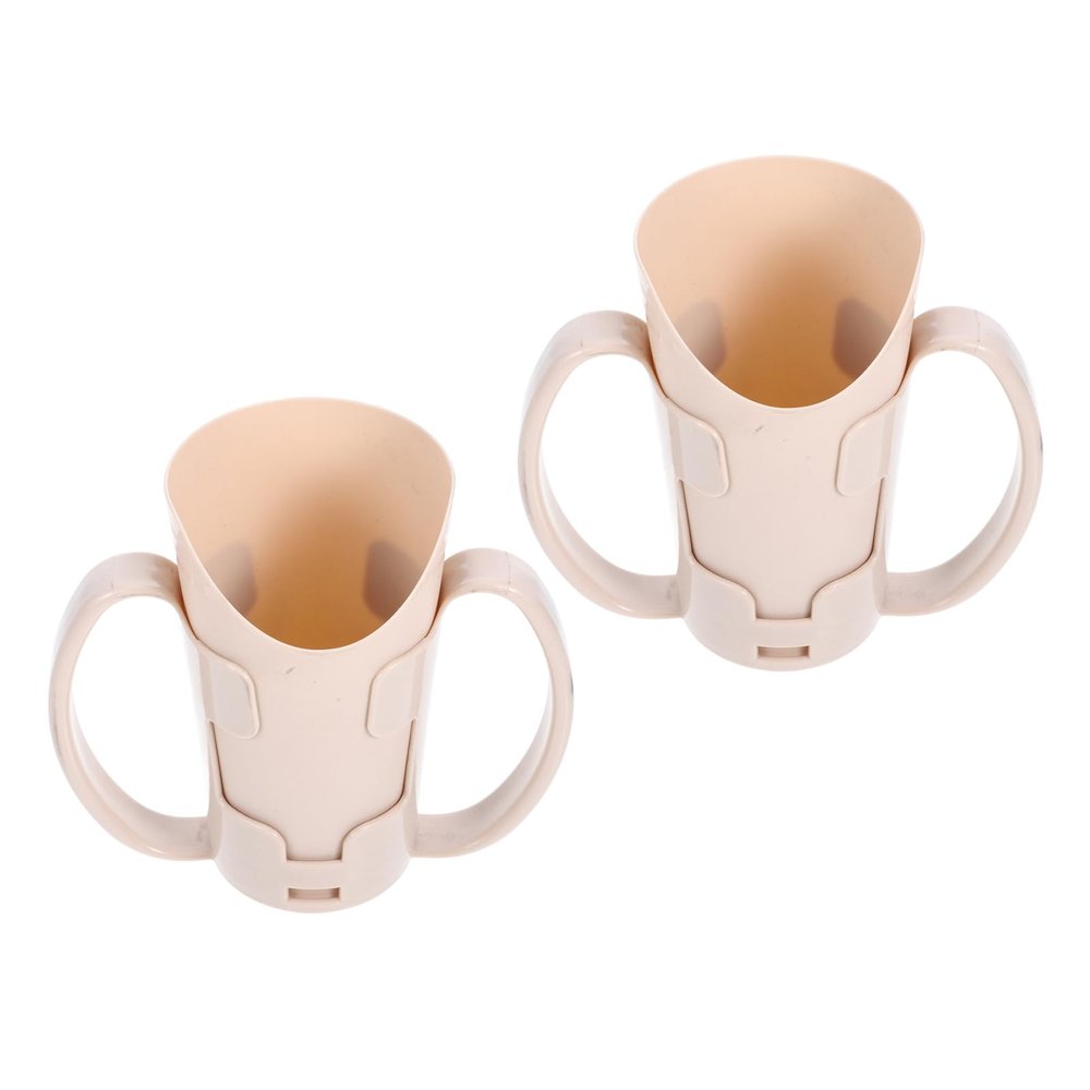 CONGARTENO Dysphagia Assist Cups for Elderly 2pcs, Beige Plastic Fixed Care Tumblers with Handles, Cutout Nose Drinking Mugs for Hospital Patients and Bedridden Adults