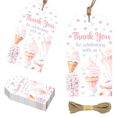 YO PERREO SOLA 50Pcs Ice Cream Donut Thank You Gift Tags Pink Sweet Treats Baby Shower Favor Tags with Twine for Girls Birthday Party Gift Wrapping Thank You Cards Supplies