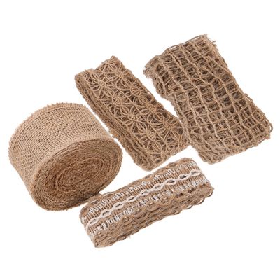 Zerodeko 4 Rolls Vintage Burlap Ribbon with Lace Trim Brown Burlap Fabric Ribbon for Crafts and Wrapping for DIY Floral and Present Packaging