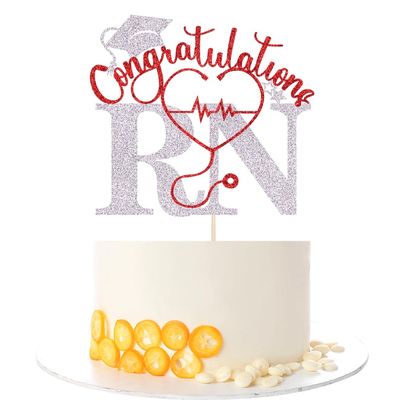 Kaoenla Congratulations RN Cake Topper, Red Silver Glitter Stethoscope Heartbeat Nurse Graduation Cake Pick, Registered Nurse Graduation Party Decorations for Nursing School Graduation