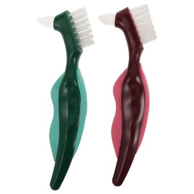 ARTIBETTER 2pcs Dual-Head Dentures Cleaner Toothbrush with Hard Bristles for False Teeth Oral Care, Deep Cleaning Brush Set for Seniors, Red and Green Colors