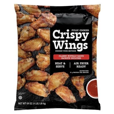 Crispy Chicken Wings with Classic Buffalo Sauce, Fully Cooked Frozen Wings, Spicy & Tangy Flavor, Delicious chicken wings with a crispy texture and coated in classic buffalo sauce for the perfect spicy kick, Fully cooked wingsjust bake, air fry, or