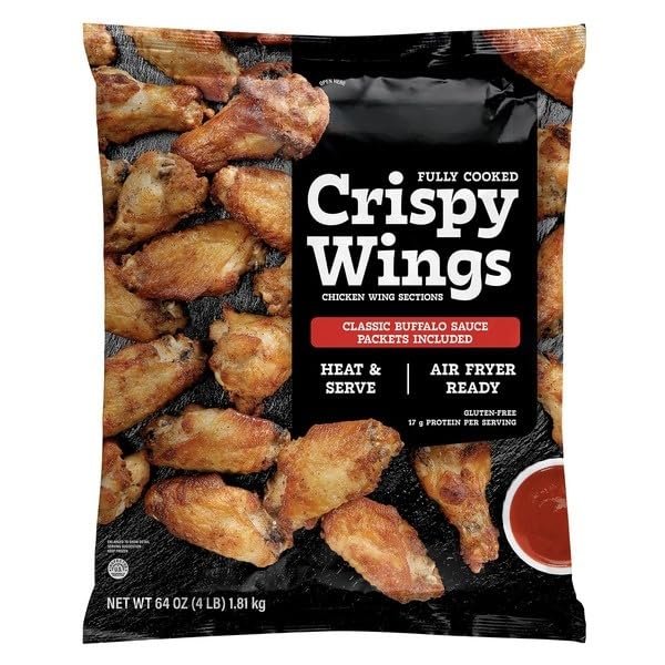 Crispy Chicken Wings with Classic Buffalo Sauce, Fully Cooked Frozen Wings, Spicy & Tangy Flavor, Delicious chicken wings with a crispy texture and coated in classic buffalo sauce for the perfect spicy kick, Fully cooked wingsjust bake, air fry, or