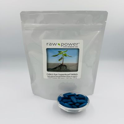 Raw Power Odin's Eye Superfood Tablets (500 Count / 500mg Each / 250g), Spirulina and Astaxanthin Coated with 100% Blue Spirulina Phycocyanin