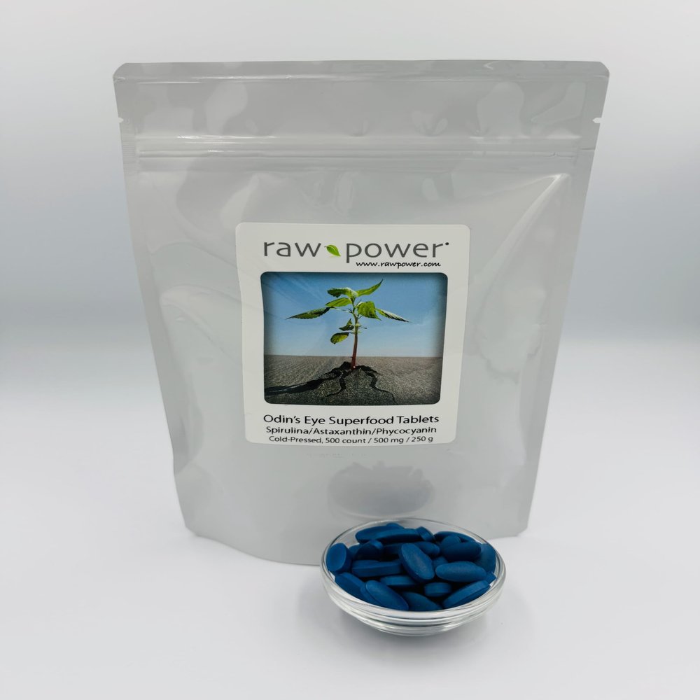 Raw Power Odin's Eye Superfood Tablets (500 Count / 500mg Each / 250g), Spirulina and Astaxanthin Coated with 100% Blue Spirulina Phycocyanin