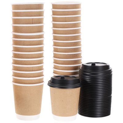 Alipis Disposable Double-layer Kraft Paper Tea Cups with Black Lids, 50pcs Set, Insulated Hot Beverage Cups for Coffee, Milk Tea, Party and Travel Use