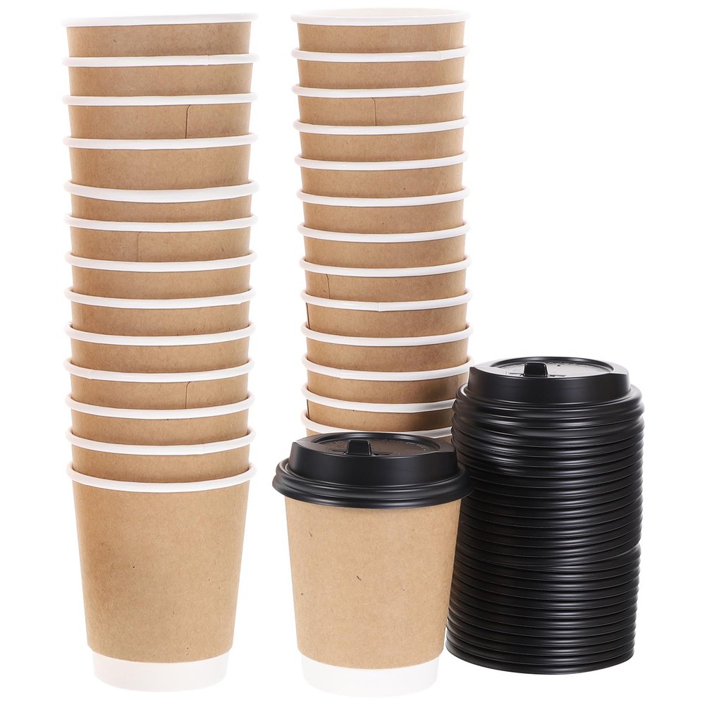 Alipis Disposable Double-layer Kraft Paper Tea Cups with Black Lids, 50pcs Set, Insulated Hot Beverage Cups for Coffee, Milk Tea, Party and Travel Use
