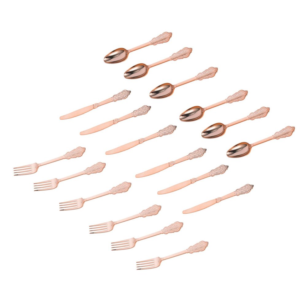 FRCOLOR Disposable Plastic Cutlery Set 18pcs (6 Rose Gold Cake Tableware Sets) Party Spoon Fork Cutter Plastic Serving Cutlery for Catering and Events