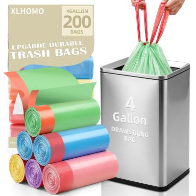 4 Gallon Trash Bags, 200 Count Drawstring Small Garbage Bags Thick Pre-separated Unscented Trash Can Liners for Bathroom Office Kitchen Bedroom Home Multi Colored