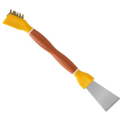 KICHOUSE Multi-Function Kitchen Cleaning Brush with Double-Head Stainless Steel Scraper, Stiff Bristle Griddle and Stove Cleaner Tool for Cooktop and Refrigerator Defrosting, Yellow