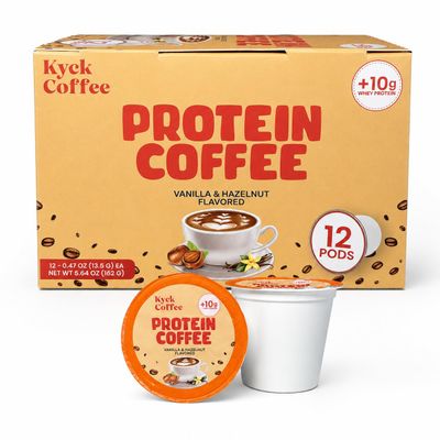 Kyck Protein Coffee K - Cup Pods (12 Count) 10g Whey Protein per cup Premium High- Protein High Caffeine Colombian Coffee Pods, Vanilla Hazelnut Flavored, Compatible with All Brewers