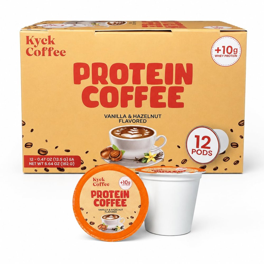 Kyck Protein Coffee K - Cup Pods (12 Count) 10g Whey Protein per cup Premium High- Protein High Caffeine Colombian Coffee Pods, Vanilla Hazelnut Flavored, Compatible with All Brewers