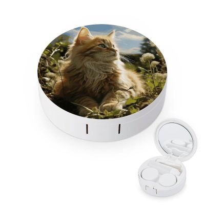 BGAXCHT Cat Sitting in Green Field Contact Lens Case - Durable Leakproof Light Convenient,Cute Colored Contact Lenses Applicator Removal Tool Kit,Contact Lens Box for Storage,Travel,Daily Home Use