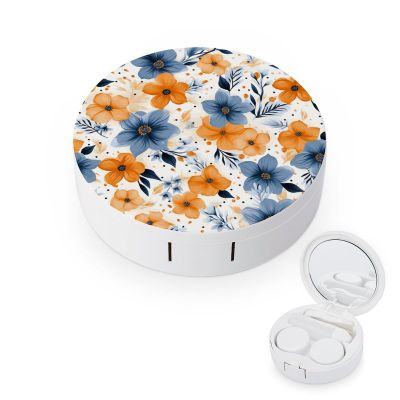 Blue And Orange Flowers on White Background Contact Lens Case - Durable Leakproof Light Convenient,Cute Colored Contact Lenses Applicator Removal Tool Kit,Contact Lens Box for Storage,Travel,Daily Hom