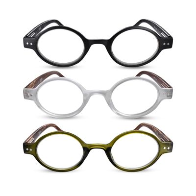 2SeeLife 3-Pack Small Round TR-90 Reading Glasses for Men & Women - Narrow-Medium Fit, Sturdy Frame, Spring Hinges, Retro Readers, Black, Clear, Green, +1.00