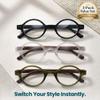 2SeeLife 3-Pack Small Round TR-90 Reading Glasses for Men & Women - Narrow-Medium Fit, Sturdy Frame, Spring Hinges, Retro Readers, Black, Clear, Green, +1.00 view 2