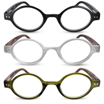 2SeeLife 3-Pack Small Round TR-90 Reading Glasses for Men & Women - Narrow-Medium Fit, Sturdy Frame, Spring Hinges, Retro Readers, Black, Clear, Green, +1.75