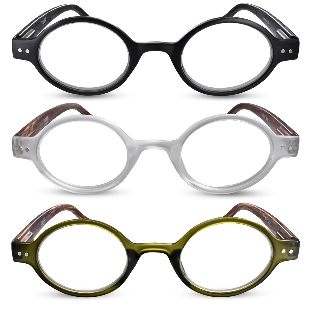 2SeeLife 3-Pack Small Round TR-90 Reading Glasses for Men & Women - Narrow-Medium Fit, Sturdy Frame, Spring Hinges, Retro Readers, Black, Clear, Green, +1.75