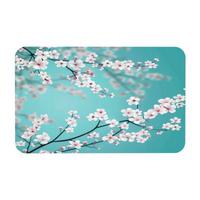Edafol Turquoise Blooming Cherry Blossom Floral Absorbent Bath Mat Non Slip Washable Doormat 19.7x31.5 in Quick Dry Shower Mat Thin Floor Rug for Bathroom Kitchen Entryway