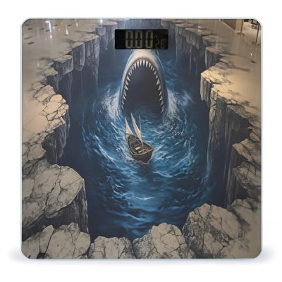 3D Shark Mouth Waterfall Illusion Floor Tempered Glass Digital Body Scale, High-Precision Bathroom Weight Scale with Ultra-Bright LCD, Anti-Slip Base Tape Measure for Home Fitness