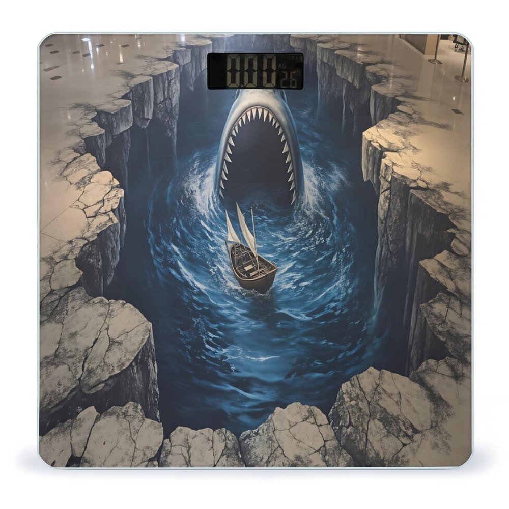 3D Shark Mouth Waterfall Illusion Floor Tempered Glass Digital Body Scale, High-Precision Bathroom Weight Scale with Ultra-Bright LCD, Anti-Slip Base Tape Measure for Home Fitness
