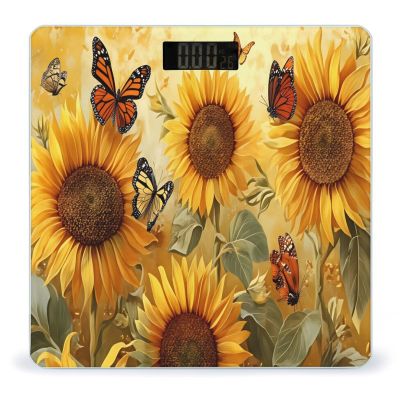 Sunflower Butterfly Yellow Floral Tempered Glass Digital Body Scale, High-Precision Bathroom Weight Scale with Ultra-Bright LCD, Anti-Slip Base Tape Measure for Home Fitness
