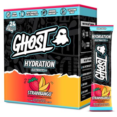 GHOST Hydration Sticks, Electrolyte Powder Packets, Strawbango - 24 Sugar Free Instant Electrolyte Drink Mix - Caffeine-Free Daily Hydration & Immune Support with Clean Formula