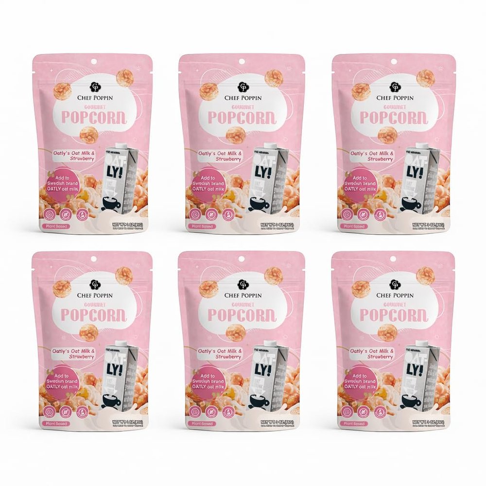 CHEF POPPIN Asian-Style From Taiwan Gourmet Flavored Popcorn, Non-GMO, Oatly's Oatmilk & Strawberry, 85g, 6 Pack, 3 oz each