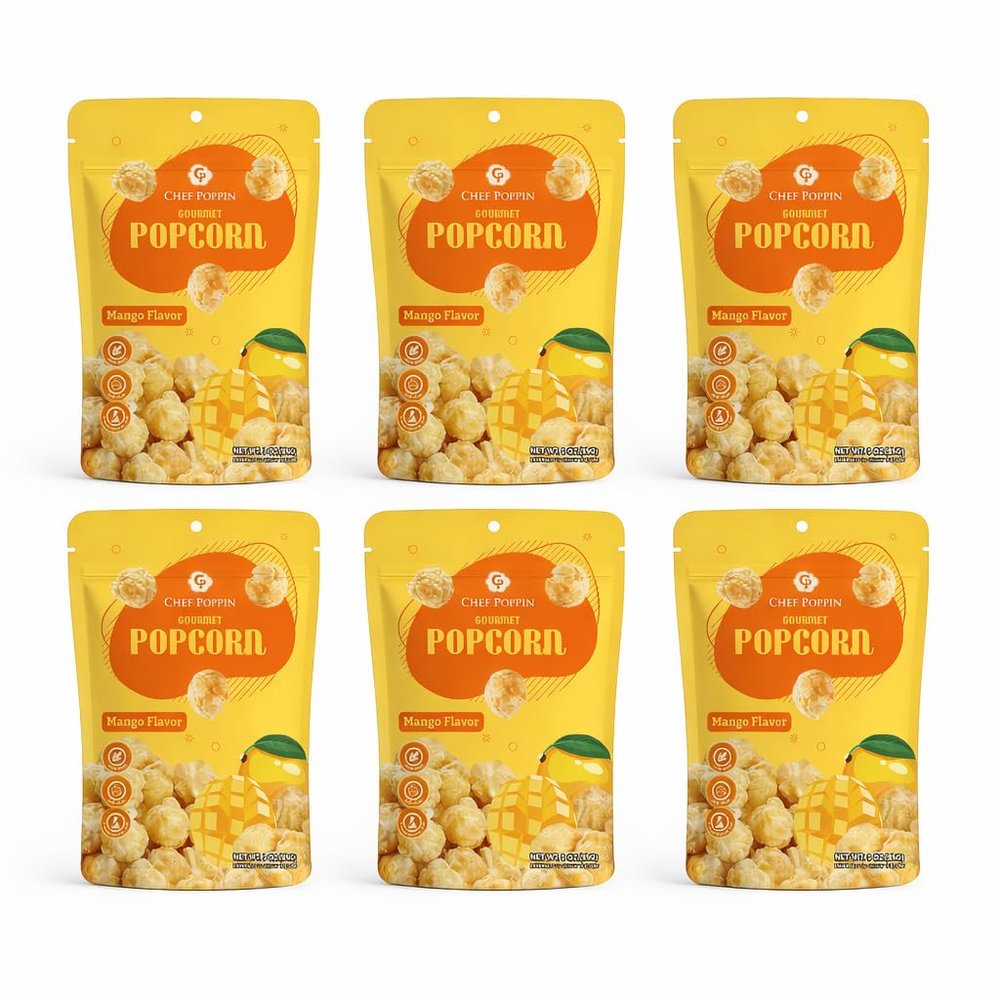 CHEF POPPIN Mango Popcorn Snack, Asian-Style from Taiwan Small Batch Gourmet Treat, Sweet Crunchy Flavor Blend, Handcrafted Artisan Kernel Mix, 85g, 6 Pack, 3 oz each