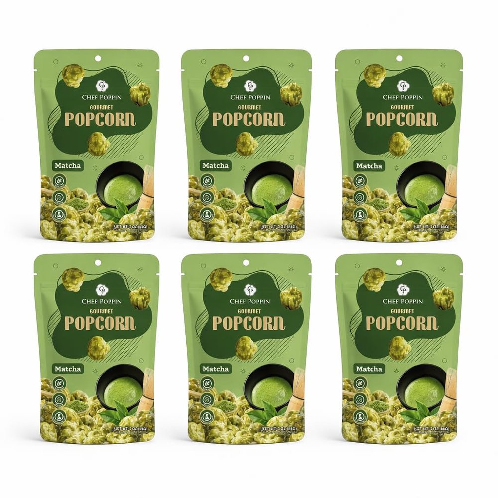CHEF POPPIN Asian-Style From Taiwan Gourmet Flavored Popcorn, Non-GMO, Matcha, 85g, 6 Pack, 3 oz each