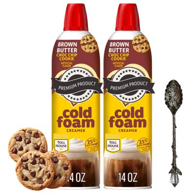 Brown Butter Chocolate Chip Cookie Cold Foam Coffee Creamer Non Dairy Gluten Free 14 oz each (Pack of 2) Sweet Creamy Foam Topping for Iced Coffee with Candy Freezer Gem Spoon (Brown Butter Chocolate Chip Cookie) Gem Spoon