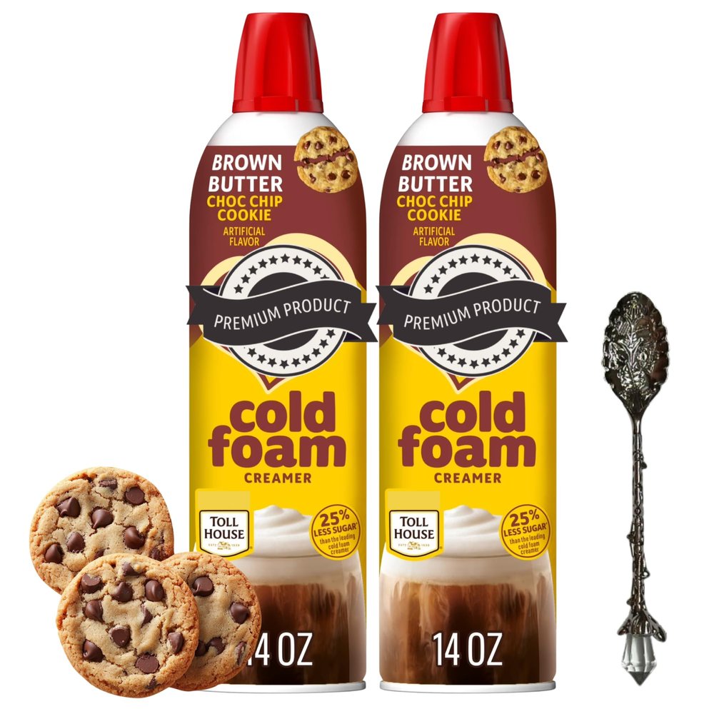 Brown Butter Chocolate Chip Cookie Cold Foam Coffee Creamer Non Dairy Gluten Free 14 oz each (Pack of 2) Sweet Creamy Foam Topping for Iced Coffee with Candy Freezer Gem Spoon (Brown Butter Chocolate Chip Cookie) Gem Spoon