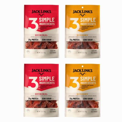 Jack Links 3-Ingredient Steak Slices, Original & Hickory Flavor 15g protein per 1 oz serving, Zero Sugar, Made with 100% Grass-Fed Beef, Thin Sliced and Tender Air-Dried Beef, Gluten Free, Paleo Friendly, Simple Protein Snack - 4 Pack