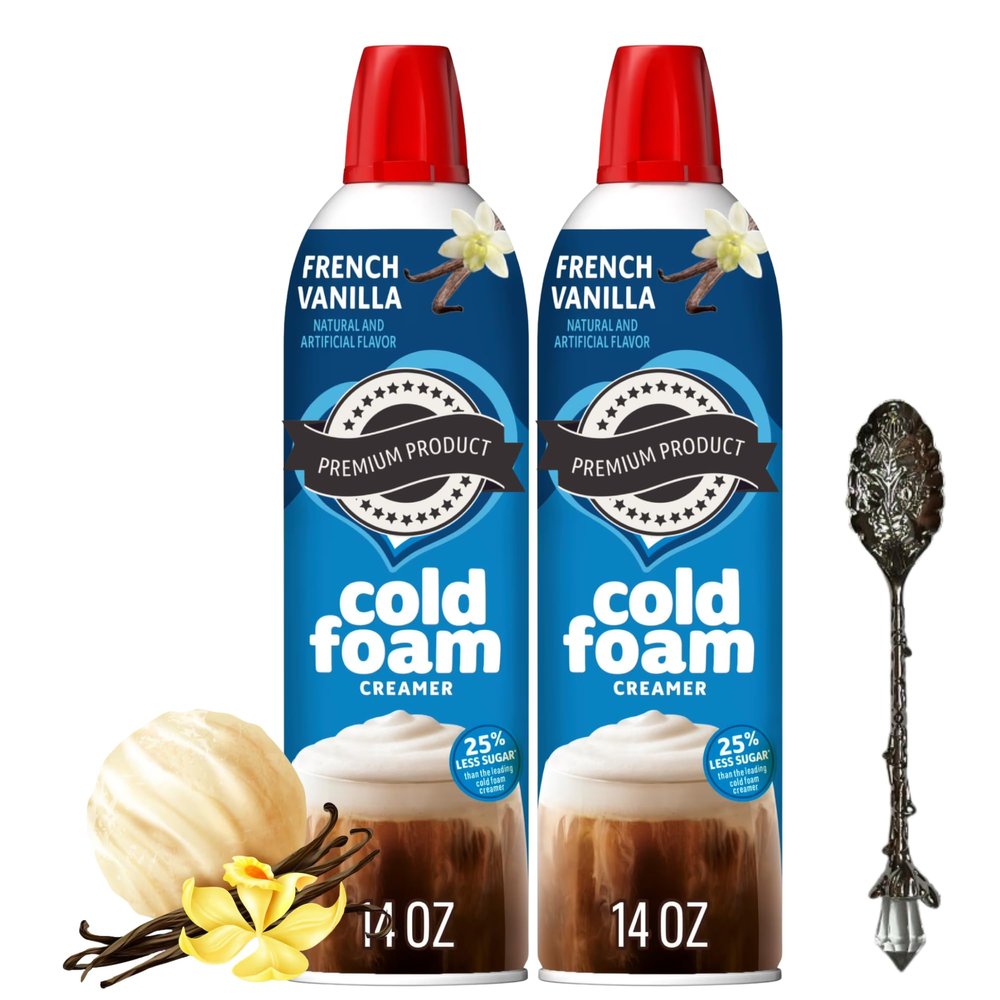 French Vanilla Cold Foam Coffee Creamer Non Dairy Gluten Free 14 oz each (Pack of 2) Sweet Creamy Foam Topping for Iced Coffee with Candy Freezer Gem Spoon (French Vanilla) Gem Spoon