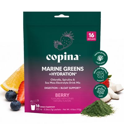 Copina Co. Berry Marine Greens Powder + Hydration Stick Packs Organic Chlorella, Spirulina & Sea Moss Electrolyte Drink Mix for Daily Greens, Bloat Support & Gut Health Vegan, 16 Count