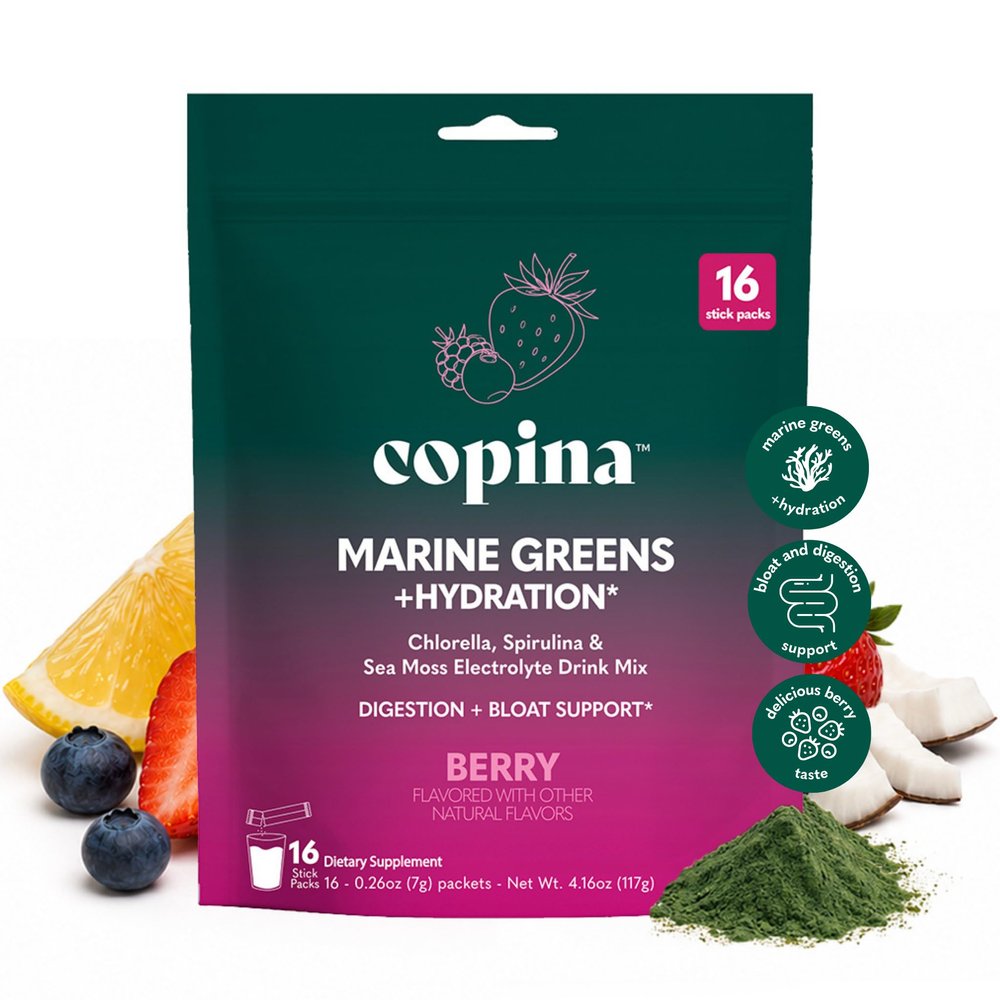 Copina Co. Berry Marine Greens Powder + Hydration Stick Packs Organic Chlorella, Spirulina & Sea Moss Electrolyte Drink Mix for Daily Greens, Bloat Support & Gut Health Vegan, 16 Count