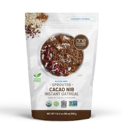 One Degree Organics Sprouted Cacao Nib Instant Oatmeal, Glyphosate-Free, USDA Organic, Non-GMO, Gluten-Free, Vegan, Kosher, High Fiber, Dark Chocolate, Breakfast, 18 ounce (Pack of 1)